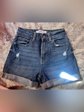 Primark Dark Blue Rolled Hem Distressed Denim Shorts